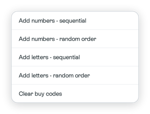Buy codes dropdown with options to add numbers or letters