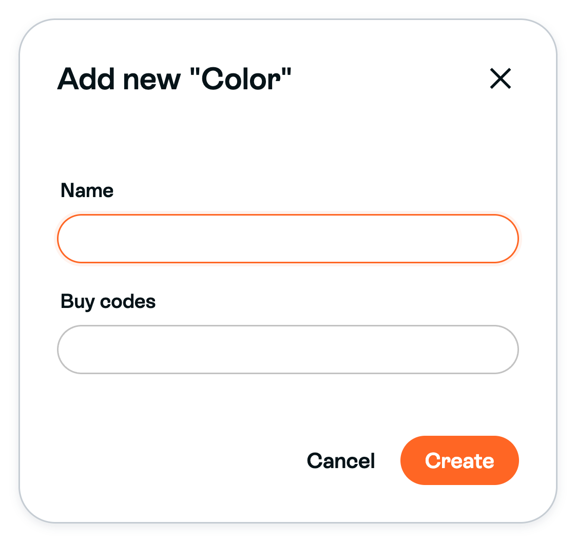 Illustrative blank Add new Color dialog with Name, Buy codes, Cancel and Create