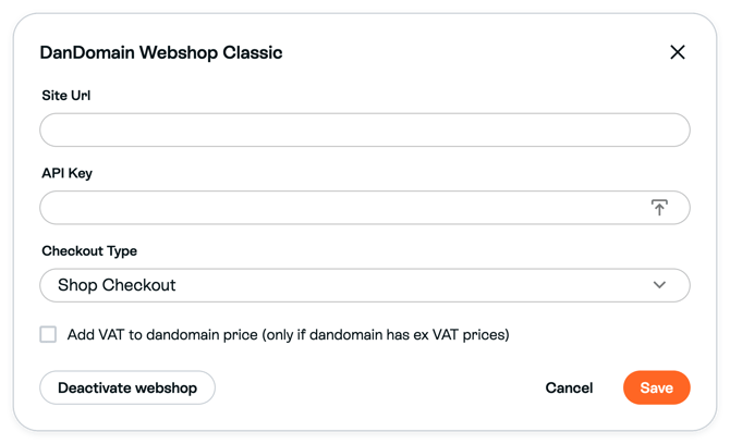 DanDomain Webshop Classic settings with blank Site Url and API Key, Shop Checkout selected and Add VAT unchecked; Deactivate webshop, Cancel and Save