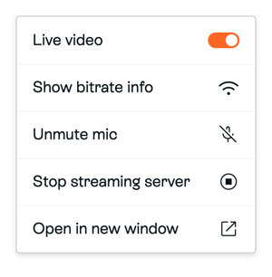 Video-player menu with Unmute mic and Stop streaming server