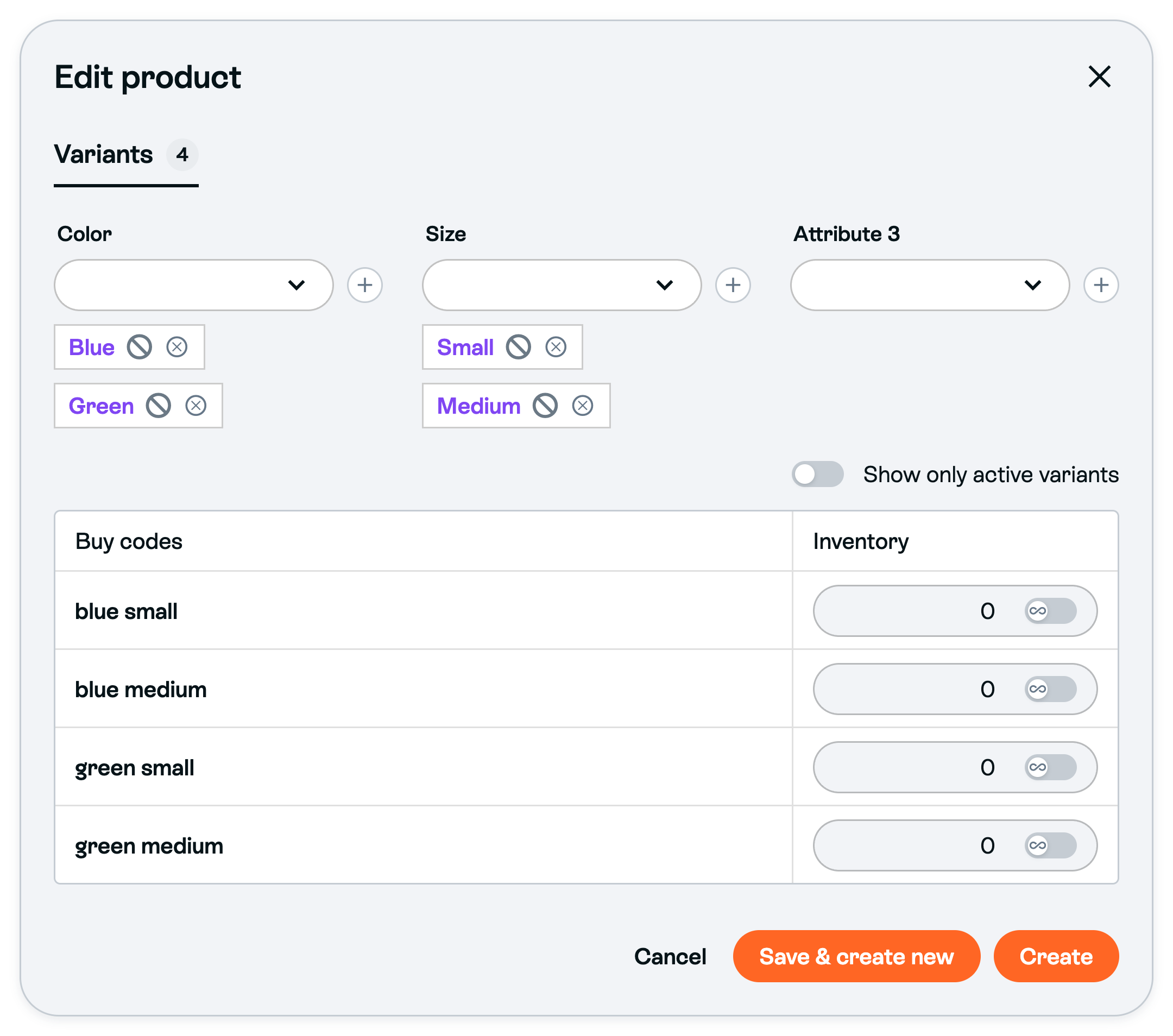 Illustrative manual product Variants tab with Color and Size selectors and their selected terms aligned horizontally, four combinations with zero inventory, and the product Create footer