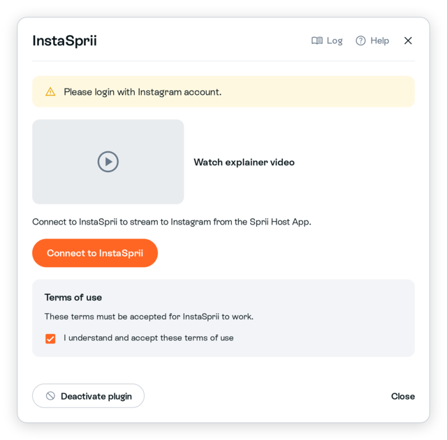 InstaSprii form with accepted Terms of use and Connect to InstaSprii button