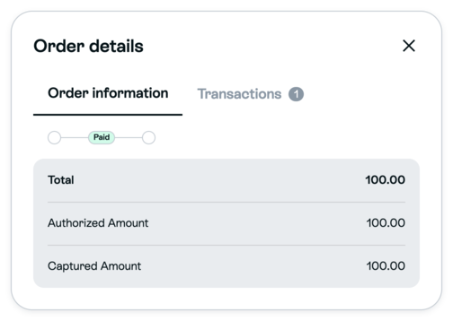 Order information with fictional Captured Amount of 100.00 and Transactions tab