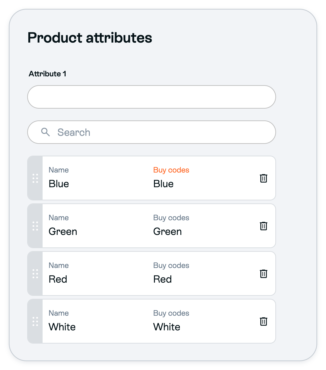 Product attributes example with a blank Attribute 1 name field and separate Blue, Green, Red and White value rows