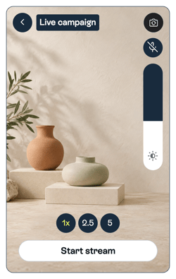 Sprii Host camera, microphone, brightness, zoom and Start stream controls