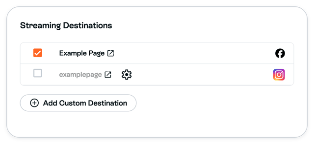 Streaming Destinations example with Facebook Page selected and Instagram Producer unselected