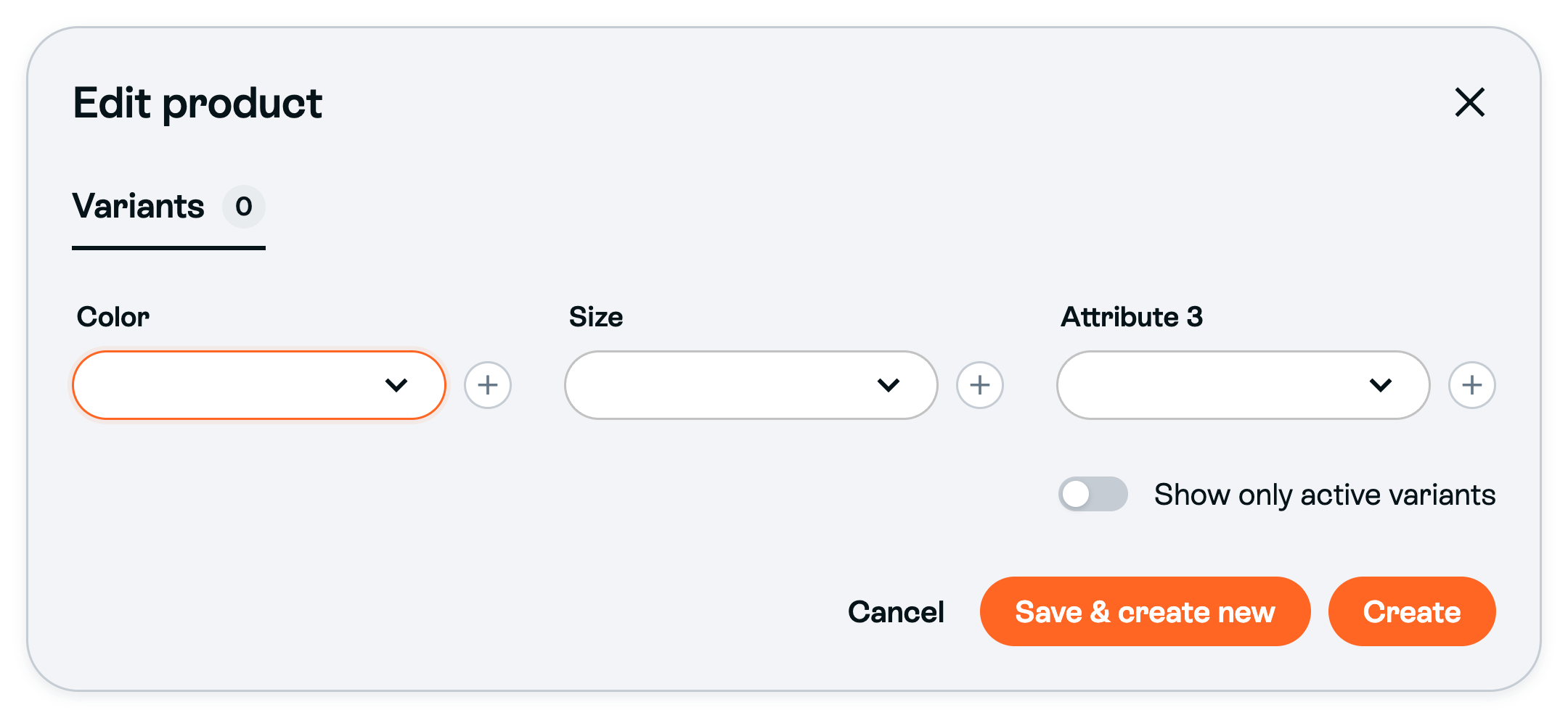 Illustrative manual product Variants tab with empty Color, Size and Attribute 3 selectors, plus controls and the product Create footer