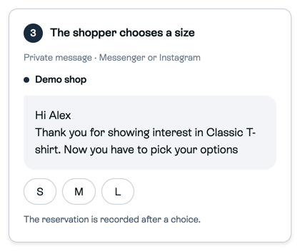 Illustrative private message asking the shopper to pick an option, with S, M and L quick replies; the reservation is recorded after a choice