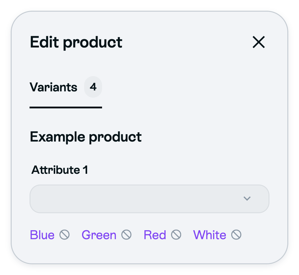 Focused Edit product Variants tab for Example product, showing Attribute 1 and purple Blue, Green, Red and White terms