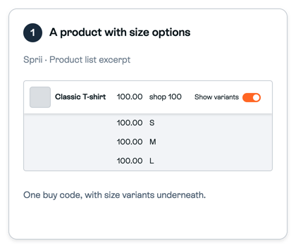 Example product Classic T-shirt with buy code shop 100 and size variants S, M and L