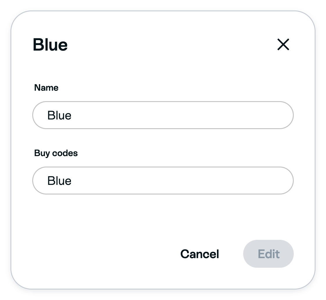 Variant editor for Blue with Name and Buy codes fields and Cancel and Edit buttons
