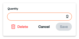 Untouched Quantity editor pre-filled with fictional quantity 2; Delete and Cancel visible, Save disabled