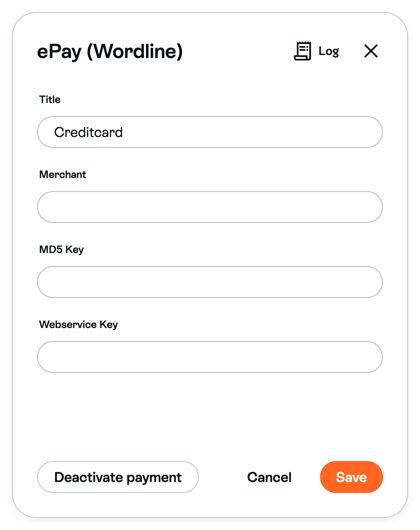 Activated unsaved ePay form with example Title, blank Merchant, MD5 Key and Webservice Key, and Save