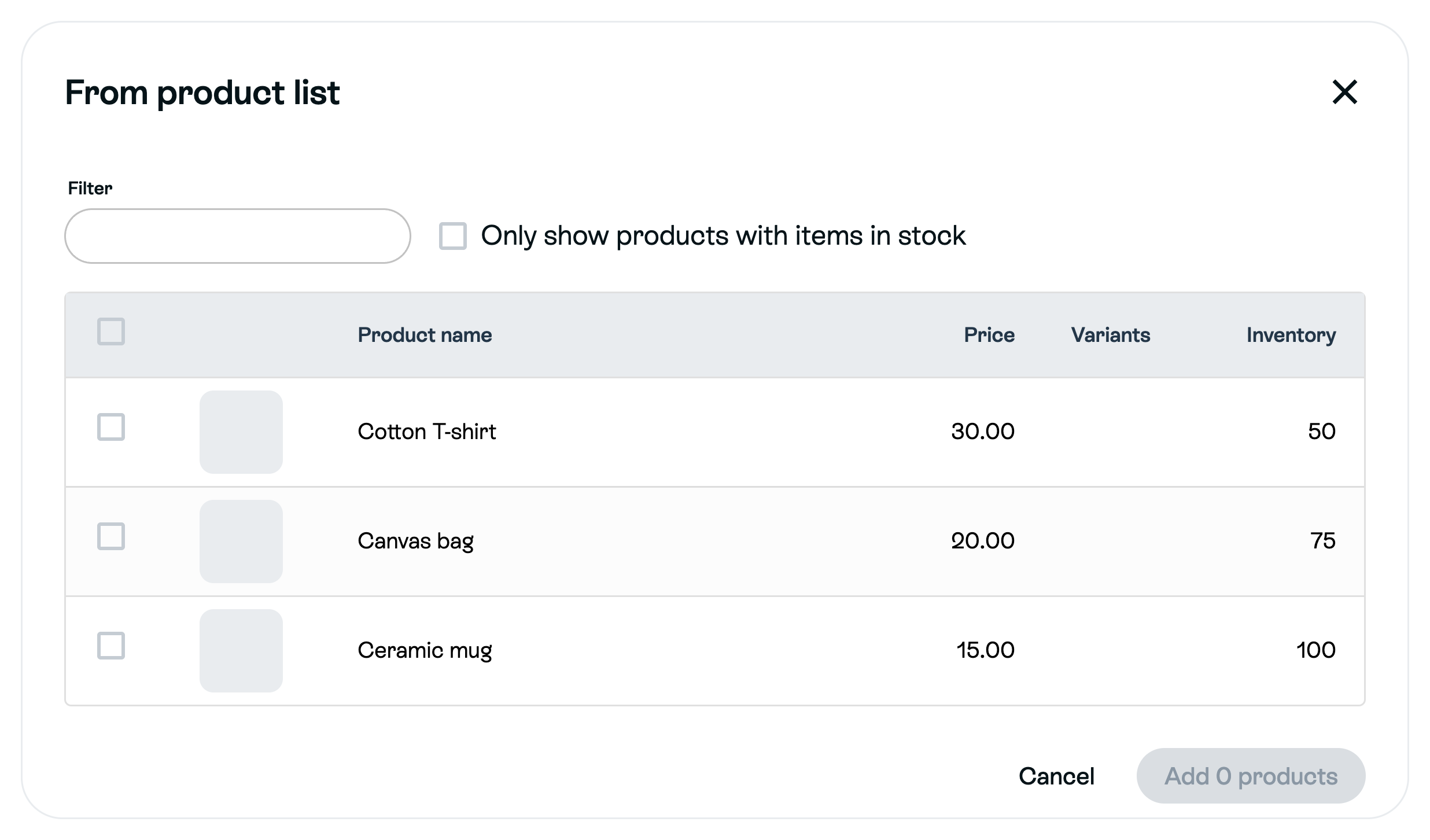 Example product picker with Filter, selection checkboxes and Add products action