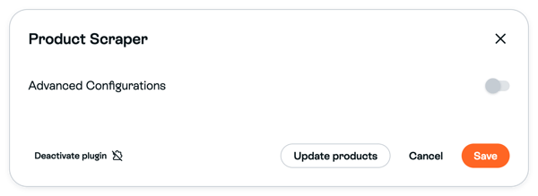 Product Scraper settings after activation, with Deactivate plugin and Save available
