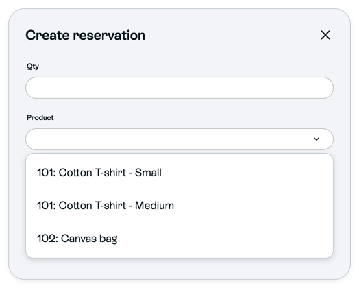 Create reservation dialog with Qty, the Product list and example variants such as 101: Cotton T-shirt - Small