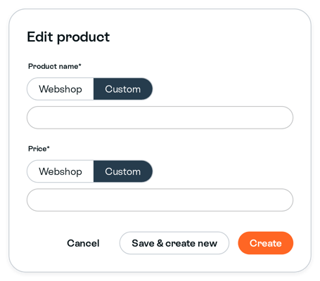 Edit product form after a fetch with Product name and Price set to Custom, and Cancel, Save & create new and Create