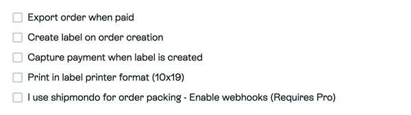 Shipmondo order export, label creation, payment capture and print-format options