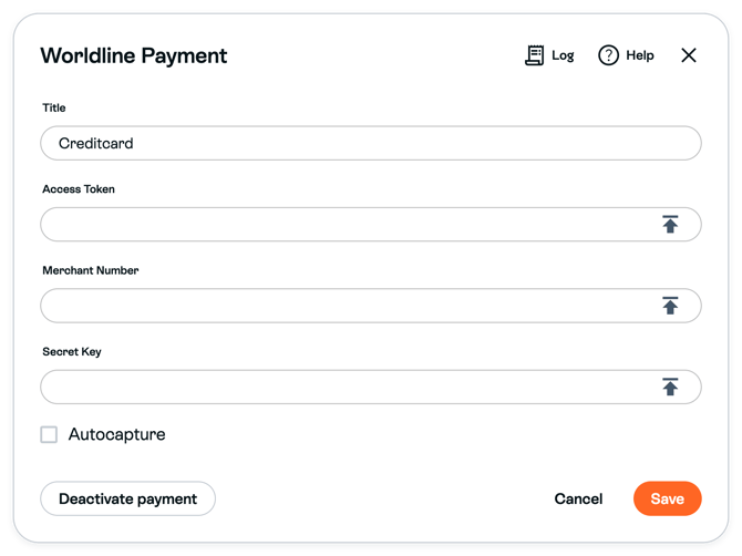Activated unsaved Worldline Payment form with example Title, blank Access Token, Merchant Number and Secret Key, unchecked Autocapture, and Save