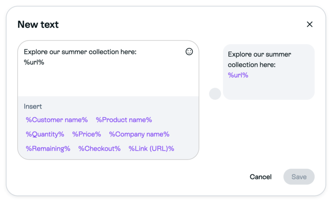 New text reply editor showing an illustrative collection reply, Insert tokens, shopper preview, Cancel and disabled Save before editing