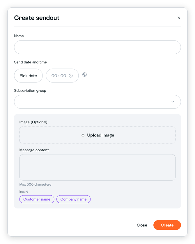 Create sendout form with Name, schedule, group, image and message fields