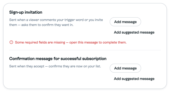 Sign-up invitation and Confirmation message for successful subscription with Add message and Add suggested message controls and the incomplete invitation warning